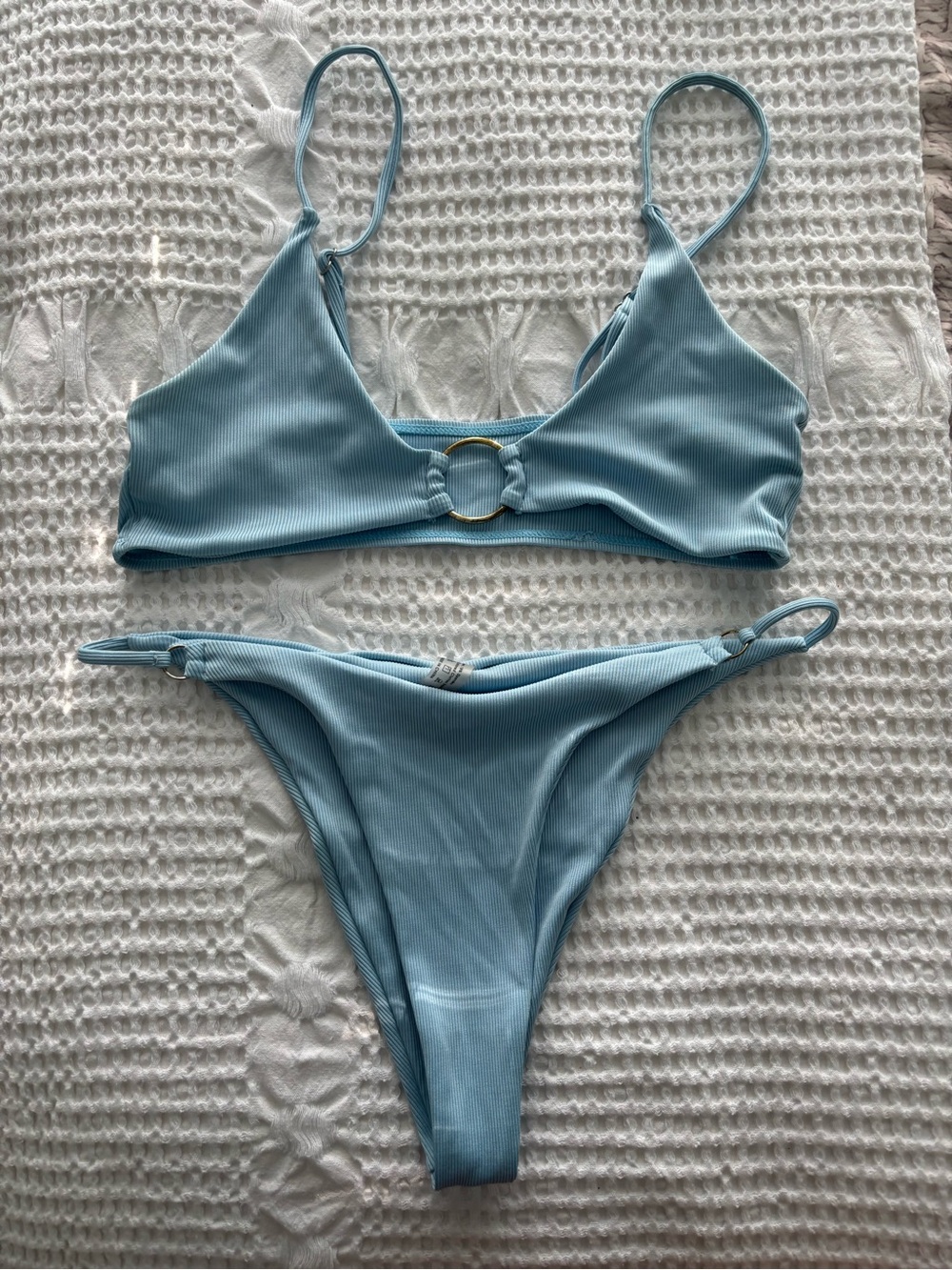 SHEIN Sky Blue Ring-Accent Ribbed Bikini Set